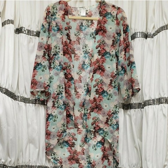 Say What? Tops - Say What? Aqua Pink Floral Sheer Kimono ¾ Sleeve S
